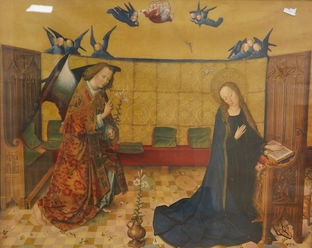 After Hans Memling, Religious lithograph on paper, ‘The Life of Mary, The Annunciation’, ornate gilt framed, 72 x 88cm. Condition - fair-good